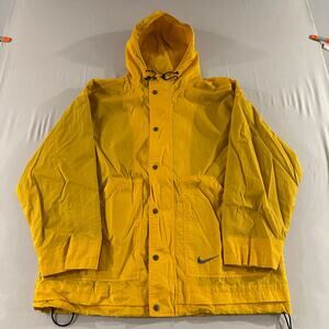 1990s Vintage Nike Jacket Mens M Yellow Hooded Windbreaker Swoosh Logo Nylon